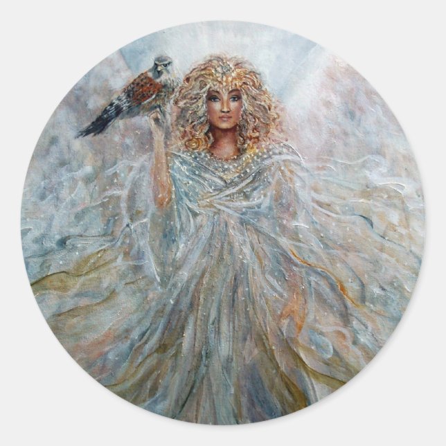 Angel with hawk for good fortune classic round sticker (Front)