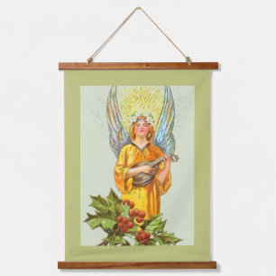 Angel With Holly And Mandolin Hanging Tapestry