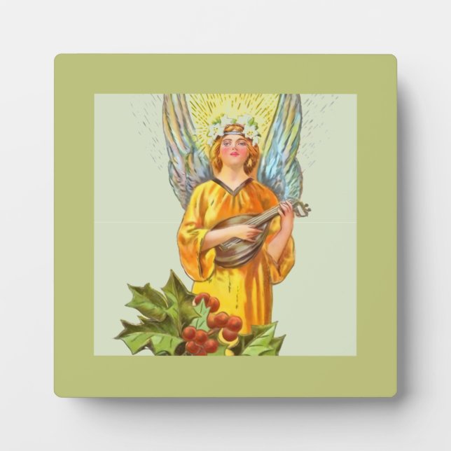 Angel With Holly And Mandolin  Plaque (Front)