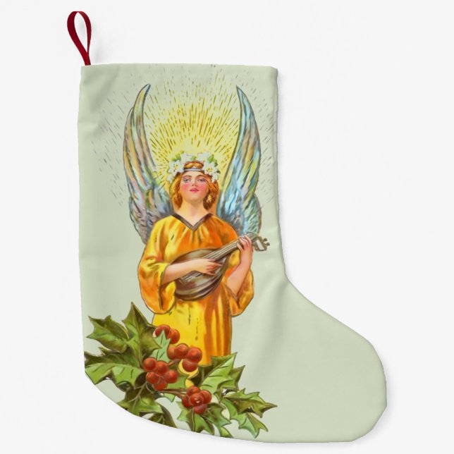 Angel With Holly And Mandolin  Small Christmas Stocking (Front)