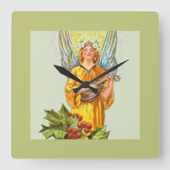 Angel With Holly And Mandolin  Square Wall Clock (Front)