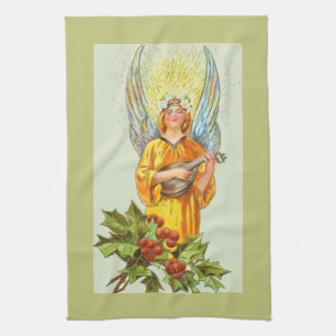 Angel With Holly And Mandolin Tea Towel