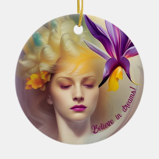 Angel with orchid    ceramic tree decoration (Front)