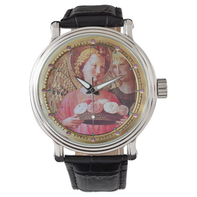 ANGEL WITH ROSES AND ARCHANGEL GABRIEL  Pink Gems Watch (Front)