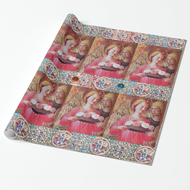 ANGEL WITH ROSES ,RED BLUE GEMSTONES,WHITE PEARLS WRAPPING PAPER (Unrolled)