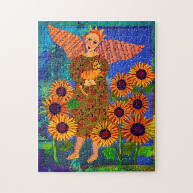 Angel with Tabby Cat and Sunflowers 11x14 Puzzle  (Vertical)