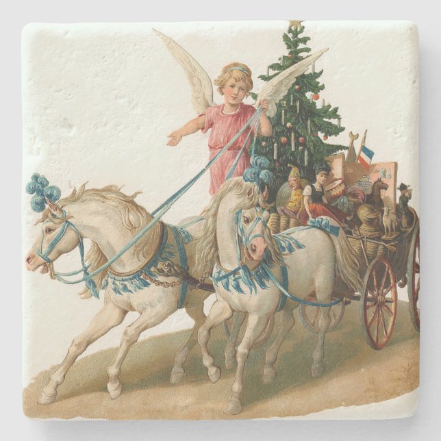 Angel With Wagon Load of Christmas Symbols Stone Coaster (Front)