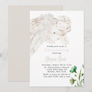 Angel with Wings Green Floral Baptism  Invitation