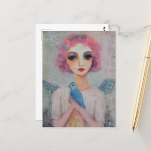 Angel Woman with pink hair and a blue bird Postcard