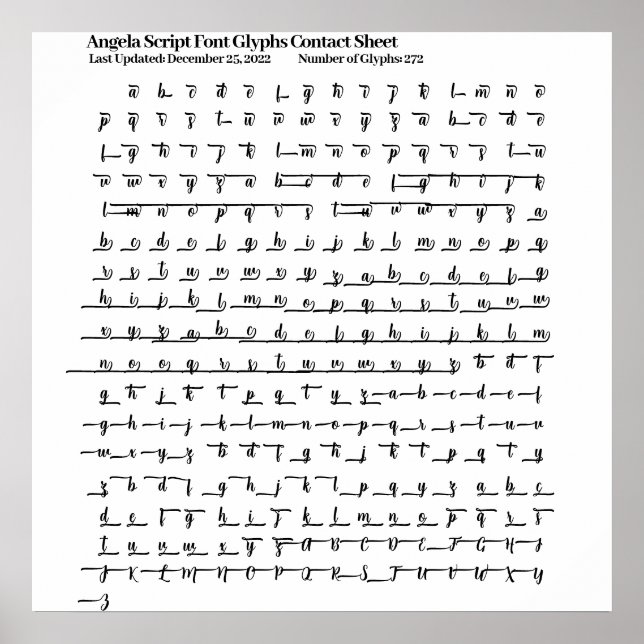 Angela Script Font Glyphs Contact Sheet Poster (Front)