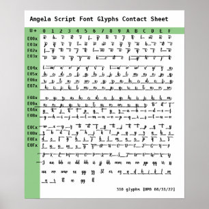 Angela Script Font Glyphs Contact Sheet Poster