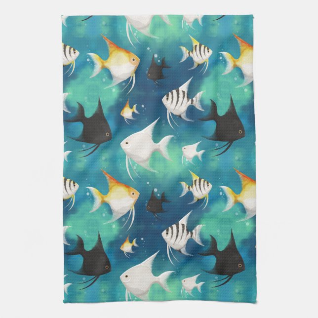 Angelfish Aquarium Pattern Tea Towel (Vertical)
