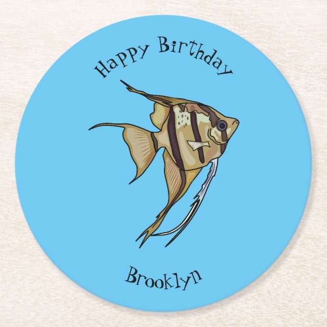 Angelfish cartoon illustration round paper coaster (Front)