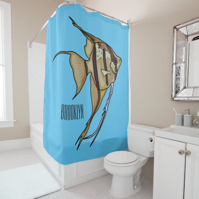 Angelfish cartoon illustration shower curtain (In Situ)