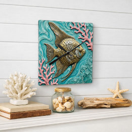 Angelfish Marine Life Faux Metal Square Wall Clock