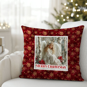 Angelic Angel Poinsettia Red Gold Custom Christmas Cushion