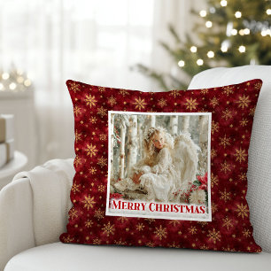 Angelic Angel Poinsettia Red Gold Festive Christma Cushion