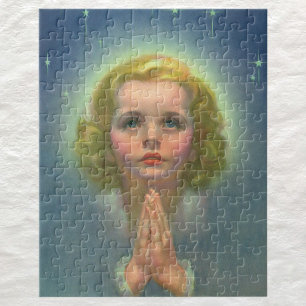 Angelic Blonde Girl with Halo and Stars Praying Jigsaw Puzzle