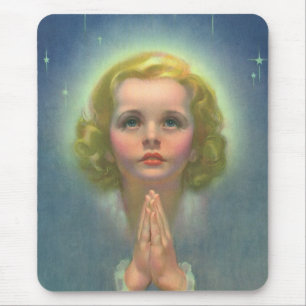 Angelic Blonde Girl with Halo and Stars Praying Mouse Pad