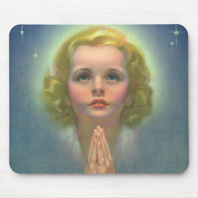 Angelic Blonde Girl with Halo and Stars Praying Mouse Pad (Front)