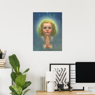 Angelic Blonde Girl with Halo and Stars Praying Poster