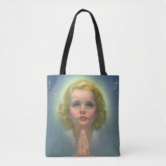 Angelic Blonde Girl with Halo and Stars Praying Tote Bag