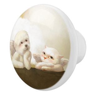 Angelic Dog and Cat on Cloud Ceramic Knob