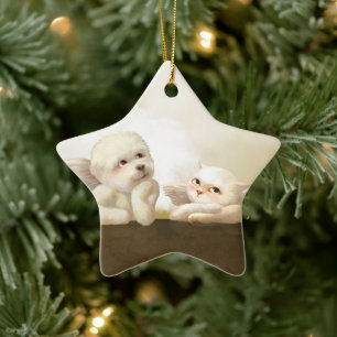 Angelic Dog and Cat on Cloud Ceramic Tree Decoration
