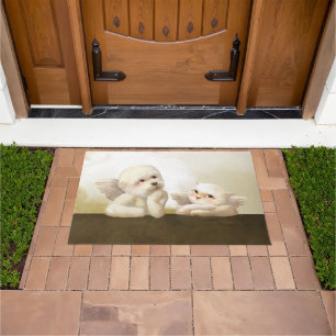 Angelic Dog and Cat on Cloud Doormat