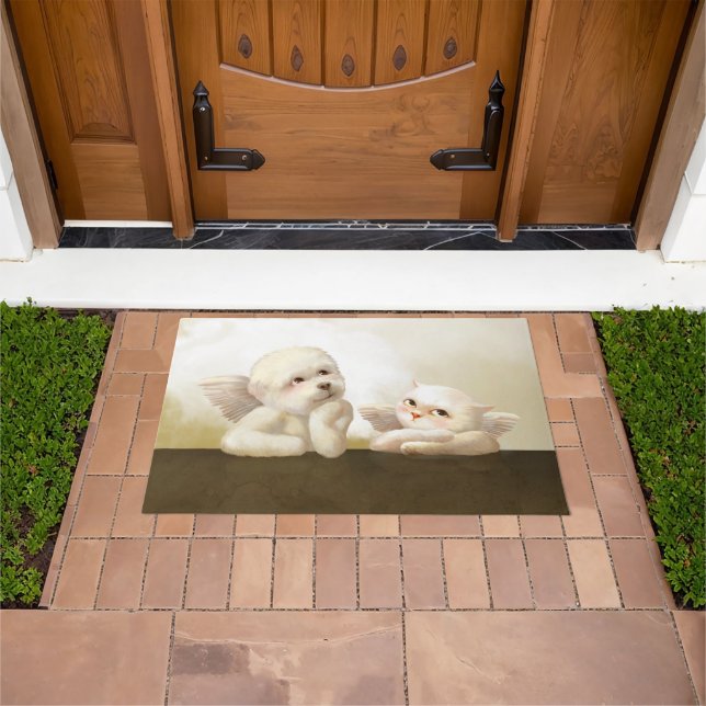 Angelic Dog and Cat on Cloud Doormat (Outdoor)