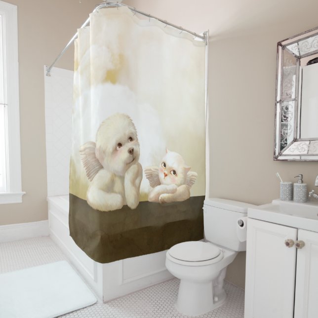 Angelic Dog and Cat on Cloud Shower Curtain (In Situ)