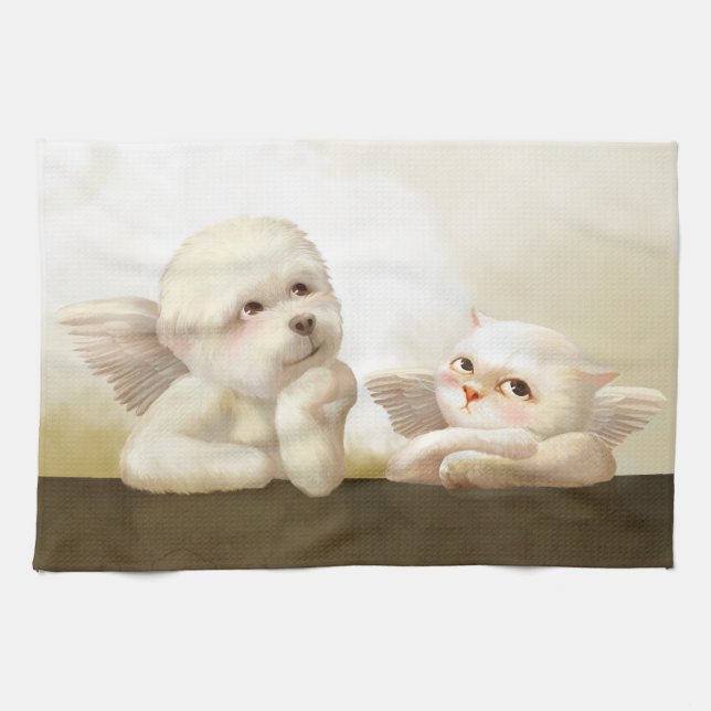 Angelic Dog and Cat on Cloud Tea Towel (Horizontal)