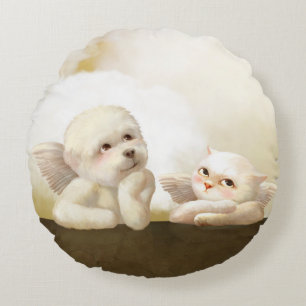 Angelic Duo: Smiling Bichon & Bao Bao Cloud Round Cushion