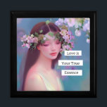 Angelic Maiden and Inspirational Quote Ethereal Gift Box<br><div class="desc">Inspirational jewellery box.  Fairytale Fantasy Art. Beautiful fairylike angelic woman with flowers in a white silk dress. Pretty floral purple background. Feminine art. generativecontent</div>