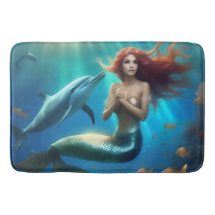 Angelic Mermaid Swimming With Dolphins, Bath Mat