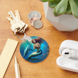 Angelic Mermaid Swimming With Dolphins, Key Ring