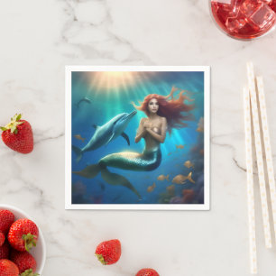 Angelic Mermaid Swimming With Dolphins, Napkin