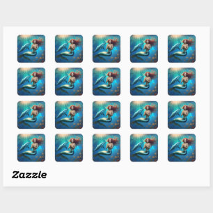 Angelic Mermaid Swimming With Dolphins, Square Sticker