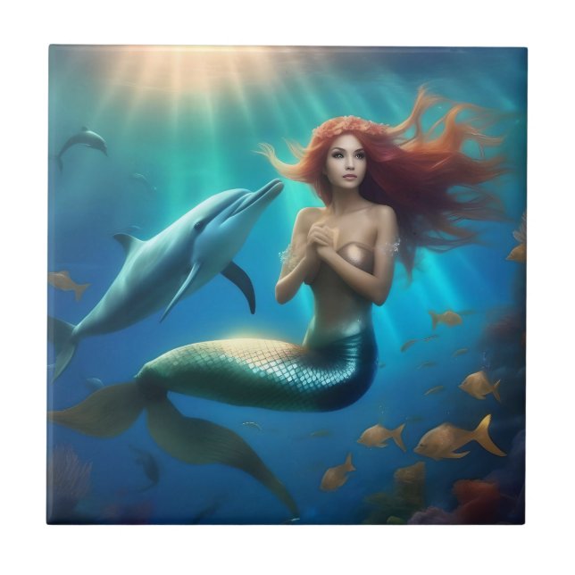 Angelic Mermaid Swimming With Dolphins, Tile (Front)