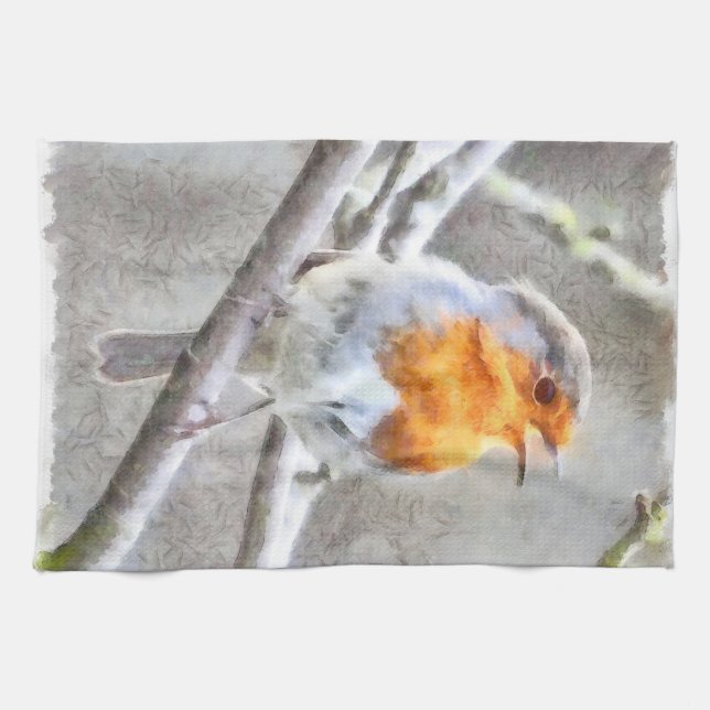 Angelic Robin Watercolor Tea Towel (Horizontal)