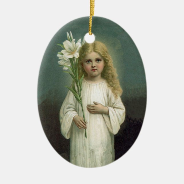 Angelic Victorian Blonde Girl White Lily Green Ceramic Tree Decoration (Front)