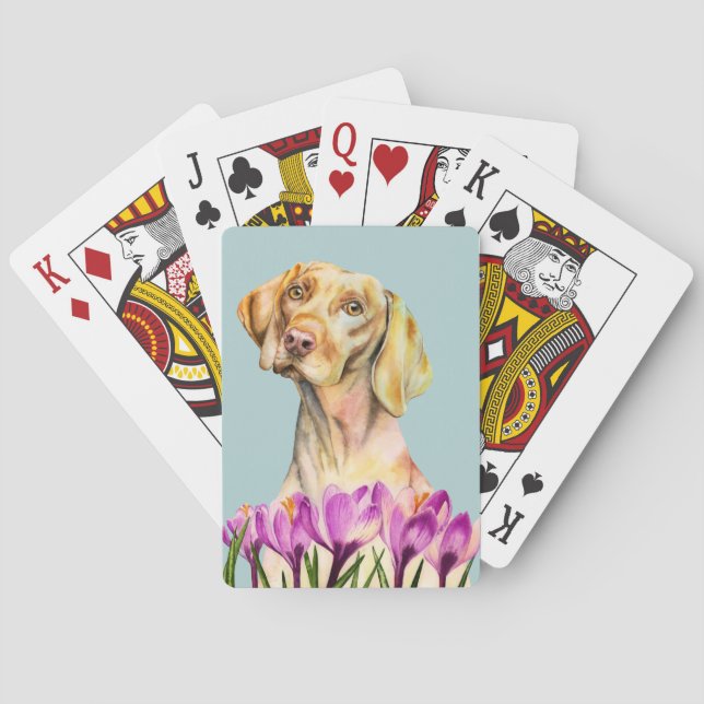 Angelic | Vizsla Dog and Crocus Watercolor Playing Cards (Back)