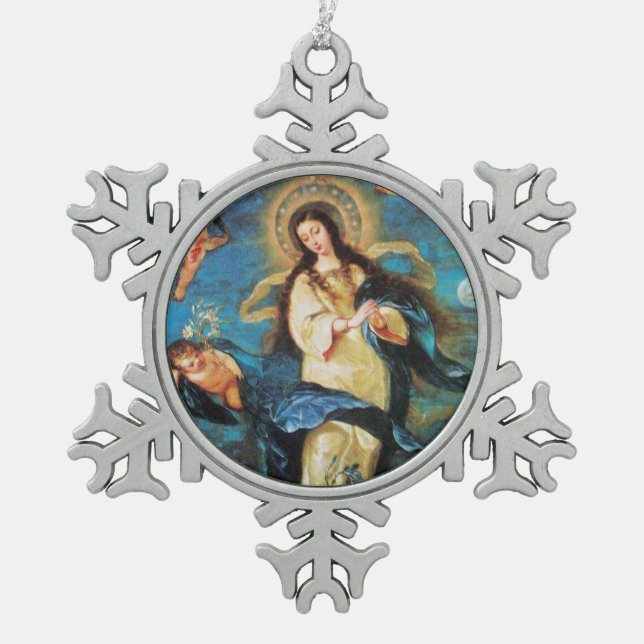 Angels and Immaculate Conception of Virgin Snowflake Pewter Christmas Ornament (Front)