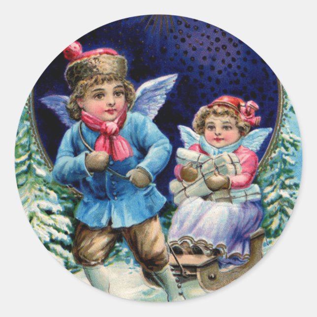 Angels as Children Christmas Gifts Victorian Image Classic Round Sticker (Front)