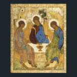 Angels At Mamre Trinity Poster<br><div class="desc">mediaeval christian painting by andre rublev of his  interpretation of the trinity with three angels with golden wings,   halo,  green,  red,  and gold cloaks,  sitting together around a  table. illustrative fine art in   golds and greens,  in a delicate and refined  religious painting.</div>