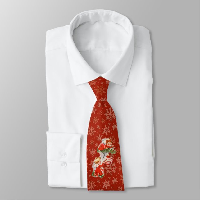 Angels Decorating on Red with Gold Snowflakes Tie (Tied)