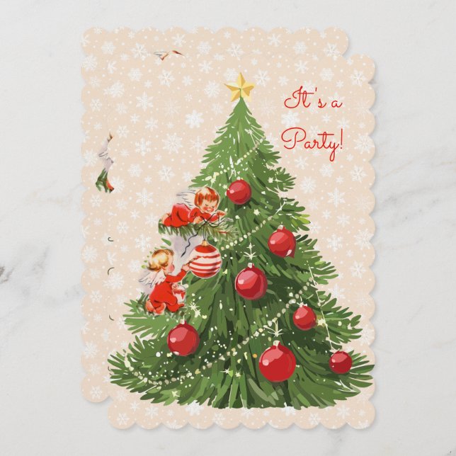 Angels Decorating the Christmas Tree Invitation (Front/Back)