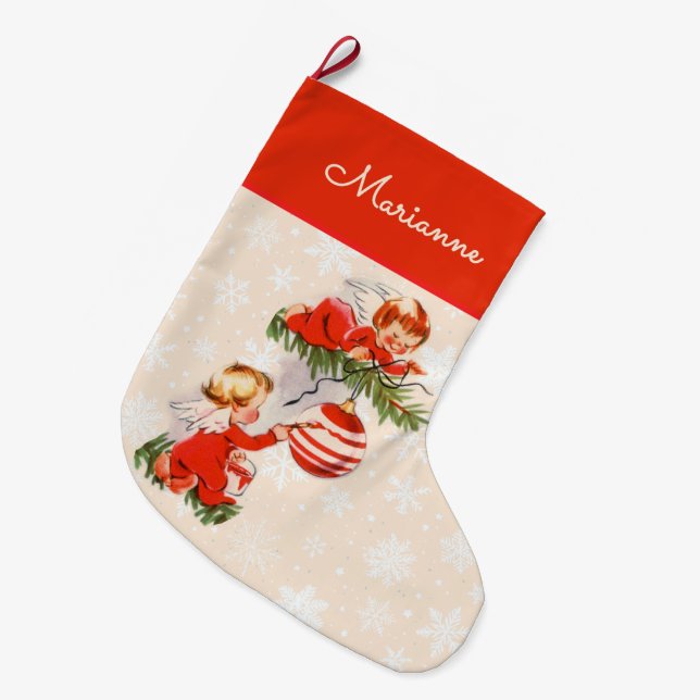 Angels Decorating the Christmas Tree Large Christmas Stocking (Front (Hanging))
