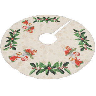 Angels Decorating the Tree on Gold Snowflakes Brushed Polyester Tree Skirt