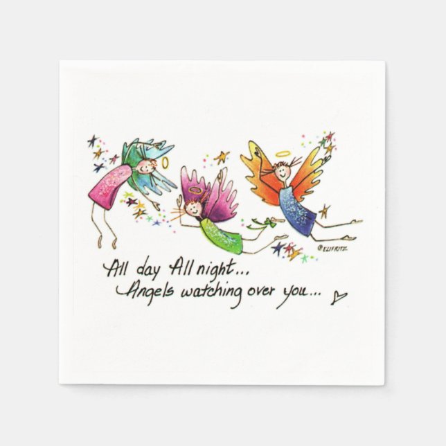 Angels Flying Happily “All Day” Watercolor Sketch  Napkin (Front)
